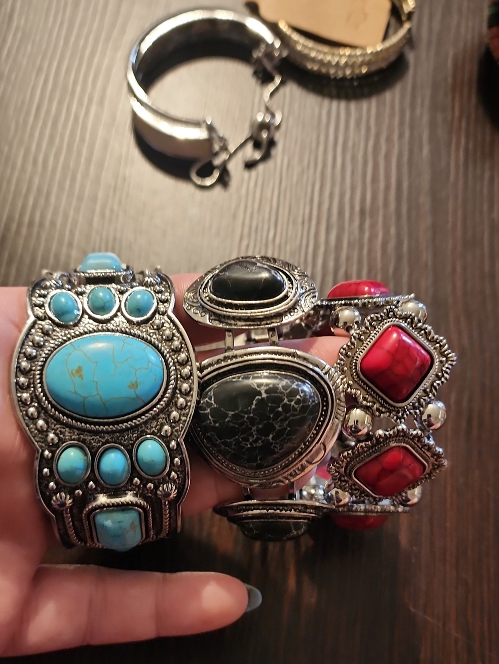 Boho Stone Statement Bracelet Trio - Turquoise, Black, Red